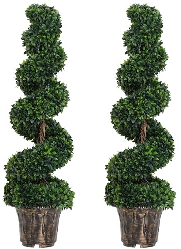 Outsunny Set 2 Piante Finte da Interno di Bosso a Spirale 120cm, Piante Artificiali da Interno ed Esterni con Vaso Incluso, Pianta Finta per Decorazione Casa, Ufficio, Soggiorno, Giardino, Verde