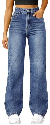 shownicer Jeans Femme Taille Haute Straight Jambes Larges Baggy Pantalon Boyfriend Jean A Bleu Foncé S