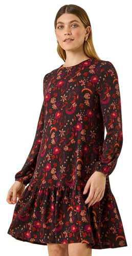 Roman Originals Smock Dress for Women UK Ladies Cotton Summer Embroidered Frilled Tiered Casual Beach Cruise Holiday Cocktail Party 3/4 Sleeve Pull On Gathered Skirt - Floral Red - Size 14