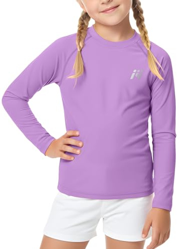 MEETWEE Girl Rash Guard Rash Vest, UPF50+ Sun Protection UV Short Sleeve Top, Children Swimming Shirt Quick Dry Purple
