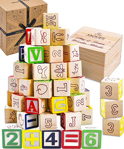 Jaques of London Wooden Alphabet & Number Blocks | Montessori Building Blocks for 1 2 3 Year Olds | Classic Educational Toy in Wooden Storage Box | Since 1795