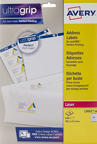 Avery JamFREE, étiquettes d'adresse, imprimables, personnalisables, 38,1 x 21,2 mm, blanches, 65 étiquettes par feuille, 650 étiquettes vierges par paquet (L7651-10)