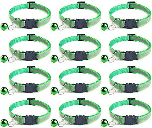 Tafeiya 12x Reflective Design Adjustable Cat Collars More Safety Quick Release Safety Buckle with Bell (Grass Green)