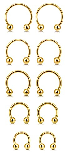 AllerPierce 5 Paar Hufeisen Nasenring Lippenpiercing aus Edelstahl 16ga Circular Barbell Septum Ring Helix Tragus Ohrringe Piercing Schmuck für Frauen Männer 6-14mm (Gold)
