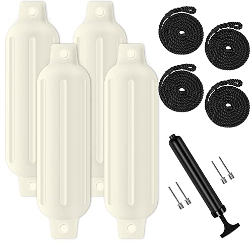 Turmaster Boat Fenders 4 Pack 4.5'' x16'', Ribbed Twin Eyes Boat Fenders Bumpers for Docking, Inflatable Marine Boat Bumper with 4 Ropes, 4 Needles and 1 PumpïŒWhite