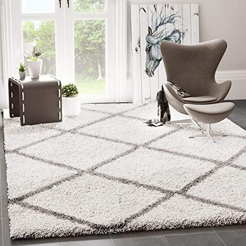 VIMODA Hochflor Teppich Wohnzimmer Schlafzimmer Küche Shaggy Skandinavisch Rautenmuster, Maße:150 cm Quadrat