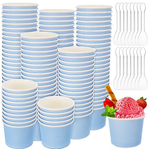 Glasskålar, 100 stycken 100 x 237 ml skedar, enfärgad, glasstillbehör, engångstillbehör, små pappersskålar för sundae, yoghurt, soppa, efterrätt (blå)