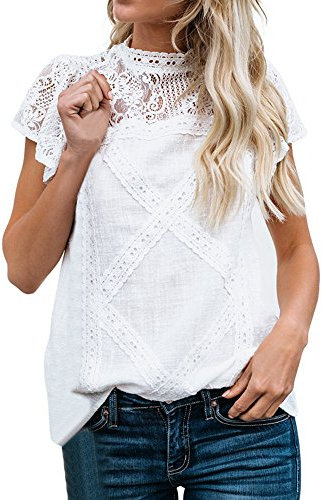 Bluse Damen Spitze Kurzarm Bluse Elegant Spitzenshirt Sommertop Stehkragen Stickerei Blumen Shirt Leicht Einfarbig Oberteil T-Shirt Tops