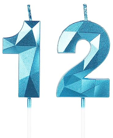Yiran Candele di compleanno, Candele con numeri da 5cm, Candela numero 12, Candele in blu, 3D forma di diamante, Candele di compleanno per torta, Candele per torte, decorazioni per feste (Numero 12)