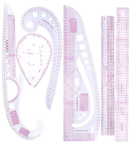 YUHOME Set di 6 righelli metrici francesi, in plastica, pratici, per abbigliamento, 57 cm, inclusi 2 dritti, 1 virgola, 1 manica, 1 abbigliamento, 1 righello a bottone