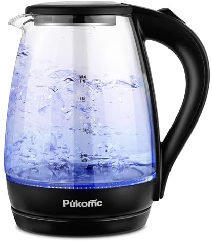 Pukomc Bollitore Elettrico Vetro 1,7 litri, 2200W, Filtro Anticalcare, Spegnimento automatico e protezione contro l'ebollizione, Teiera Senza BPA Nero, Bollitore Acqua Elettrico
