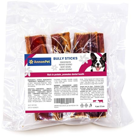 AnnonPet® Nervio di Buey Snack para Perros Naturales Ricos en proteínas, Ideales para Masticar como Barras dentales para Perros, Masticativos, 4 Unidades de 12 cm