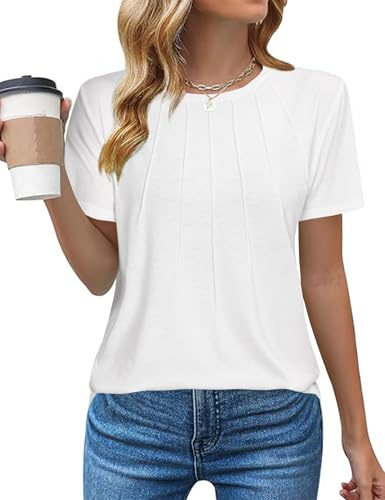 Gyabnw Women Tops UK Short Sleeve T-Shirts Ladies Summer Blouses Cotton Crew Neck Casual Pleated Design Everyday Wear White