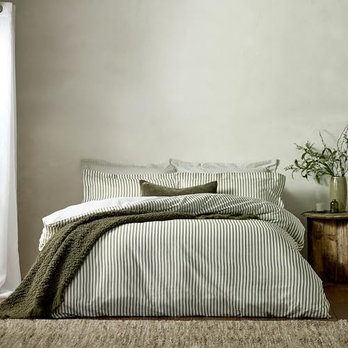 furn. Yard Hebden 100% Cotton Stripe Duvet Cover Set – Reversible Striped Bedding (Olive, Single)