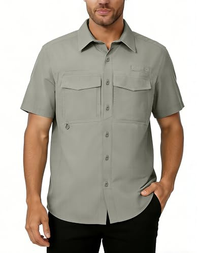 33,000ft Men's Short Sleeve Shirt UV Protection Summer Shirt Quick Dry Hiking Shirts for Casual Safari Walking Golf Gray Green L