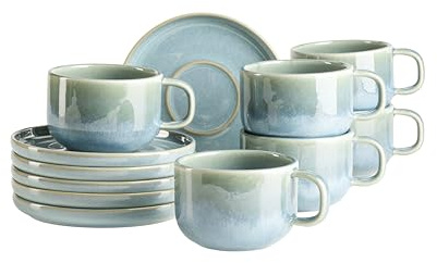 MÄSER Serie Cordelia, kaffekoppar set för 6 personer av högkvalitativ stengods, 12-delad kaffeservis med 6 koppar och 6 tefat; stengods, sand