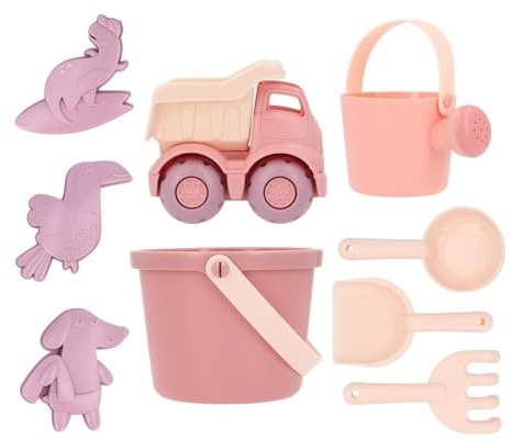 Monnëka Set de Jouets de Plage | Jouets de Sable Écoresponsables et Sûrs dès 6 Mois | Kit avec Seau, Pelles, Râteau, Arrosoir et Camion | Facile à Transporter pour Plage | Old Rose