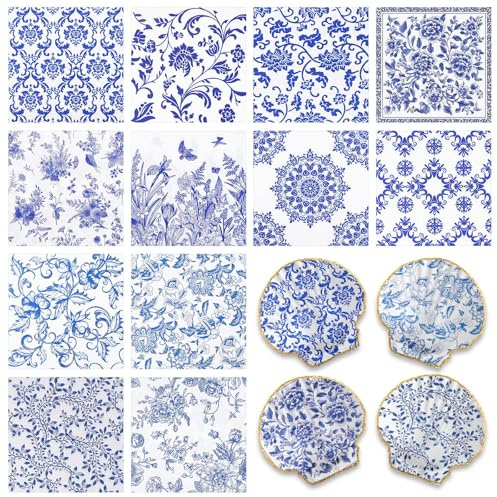 48 Pack 12 Styles Decoupage Napkins Assorted Floral Chinoiserie Cocktail Paper Decoupage Napkins Flower for DIY Crafting Birthday Party, Each Unfolded 13 Inch