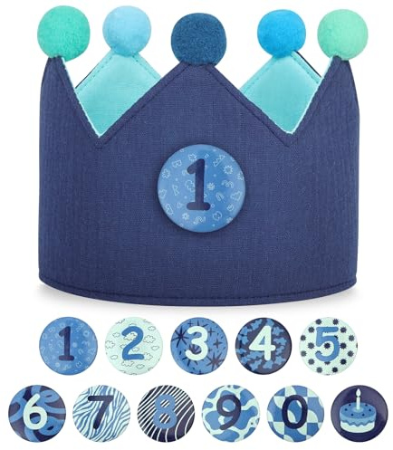 URAQT Kinder Geburtstagskrone, Geburtstagskrone für Jungen und Mädchen, Doppelseitige Wendbare, Kinder Geburtstagsgeschenke, Klett-Buttons mit Auswechselbaren Zahlen von 0-9(Blau+Grün)