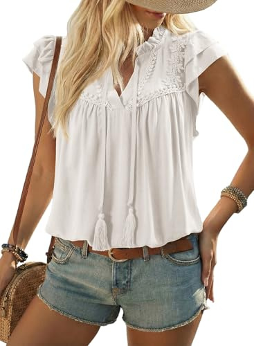 Dokotoo Women's Lace Tassel V Neck Tops Ruffled Sleeve Flared Pleated Blouse Embroidered Boho White Shirts Dressy Casual Cute Summer Tops Large