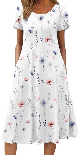 Women Summer Dresses Elegant Short Sleeve Midi Dress Crew Neck Ladies Dress | Casual Swing Dress with Pockets Beach Dress S-XXL
