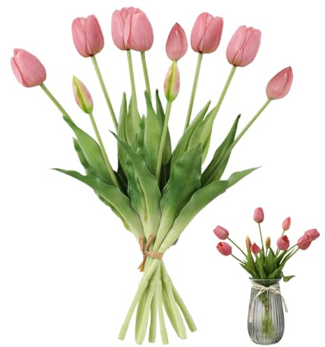 Takingup konstgjorda tulpaner, 2 st 40,6 cm konstgjorda tulpaner med 5 huvuden, känns som äkta, sidenblommor för bröllopscenterpiece