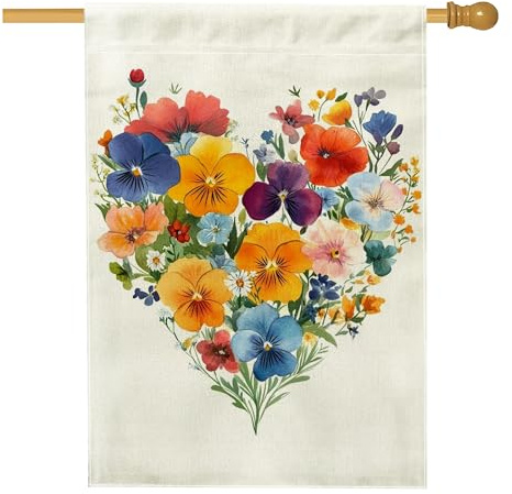 Bandera de casa de pensamiento, flores románticas florales y corazón primavera multicolor arpillera de doble cara banderas decorativas para patio al aire libre, césped, patio, puerta, entrada, 28 x 40