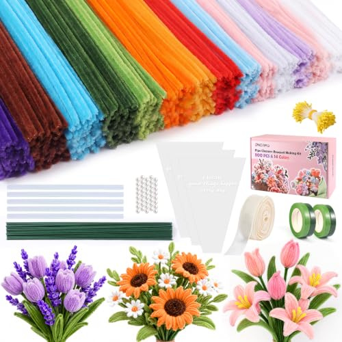 OneAmg Limpiapipas Manualidades 800 Piezas14 Colores Limpia Pipas Para ManualidadesIncluye Cinta Floral Ramas Artificiales Cintas Decorativas Cuentas Pistilos y Barras de Pegamento Termofusible
