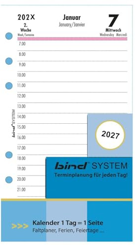 BIND B260327 - Inserto per calendario giornaliero A6, inserto timer per calendario anno 2027, 1 giorno/1 pagina, calendario con sistema, calendario per pianificatore di sistema Bind e planner standard
