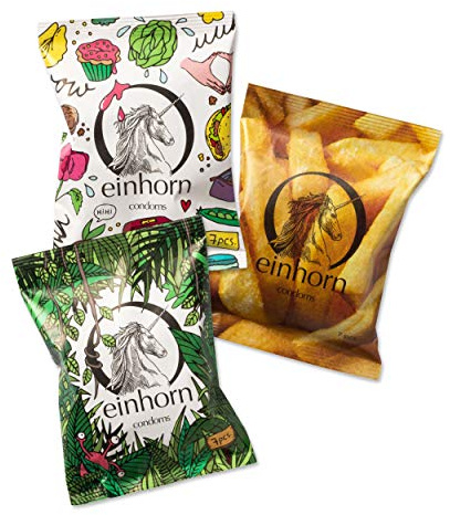 einhorn Kondome - 21 Stück - Monatsration - 3 Überraschungsdesigns + Extras - Vegan, Hormonfrei, Feucht, Geprüft