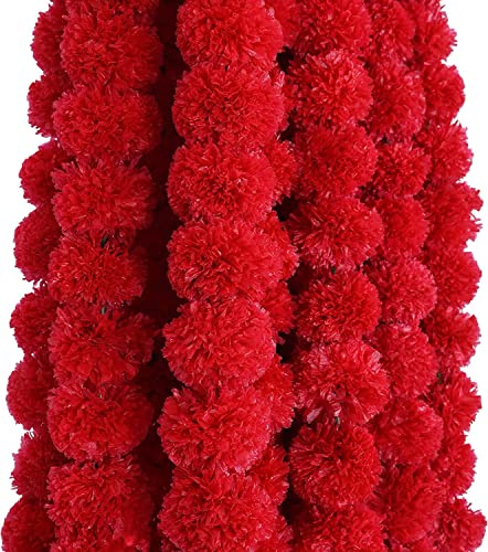 Pound Veg Paquete de 5 flores artificiales, guirnaldas de flores de caléndula naranja claro, 5 pies de largo, para fiestas, bodas indias, decoraciones temáticas indias, DIWALI, festival indio