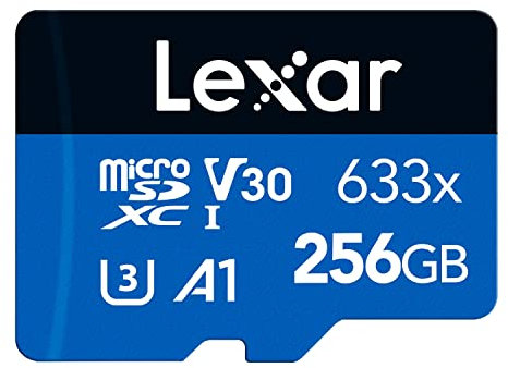 Lexar 633x 256GB Micro SD Card, microSDXC UHS-I Card + SD Adapter, microSD Memory Card up to 100MB/s Read, A1, Class 10, U3, V30, TF Card for Smartphones/Tablets/IP Cameras (LMS0633256G-BNAAA)