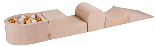 MEOWBABY Schaumstoff Bausteine Kinder - Bausteine XXL aus Schaumstoff mit Bällebad und 100 Bälle für Kinder - Baby Softbausteine zum Klettern, Samt, Ecru