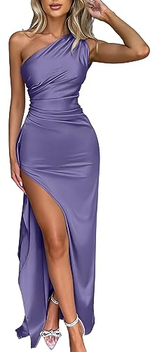 Memoriesea Women's Sexy One Shoulder Satin High Split Cocktail Wedding Party Maxi Dress Purple