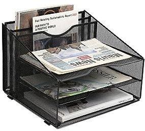 JEBELE 3 stufiger Schreibtisch Organizer für Dokumente Schreibtischablage A4 Papierablage mit Mesh Büroorganizer Fach Büro Aufbewahrungssystem für Aktenordner Papierstapel Zeitschriften,Schwarz