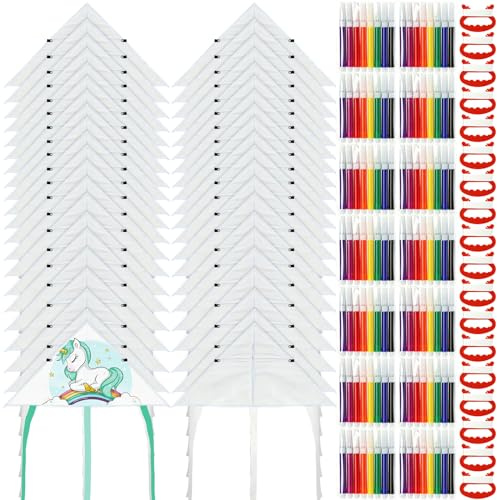 Syhood 60 Pcs DIY Kite Bulk Blank Kite Making Kit with Watercolor Pens and String 20 Inch Summer Beach Decorating Coloring Party Set for Craft Outdoor (Classic Style)