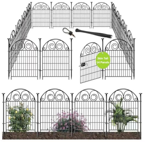 Getlay Tall Garden Animal Barrier Fence with Gate, 36 in(H)×30.6 Ft(L) 14 Panels Dog Digging Fence Barrier, Black Heavy Duty Metal Temporary Fences, Reusable Defense Fencing for Outdoor Yard│Patented