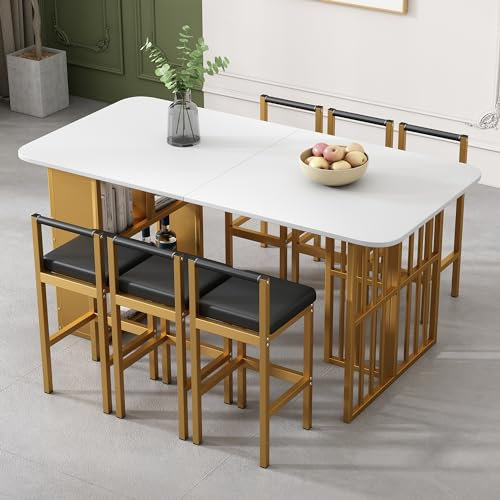 YESGIGA Matgrupp - Köksbordsset Med Stålram, Rektangulärt Matbord Och 6 Stolar, Modernt Design