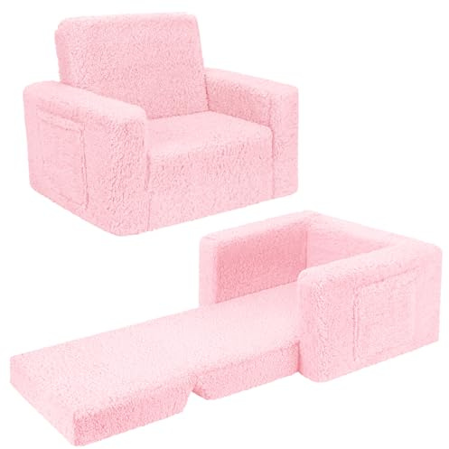 SLIGUY Soffa för småbarn, småbarn soffa, barnsoffa, barnsoffa, konvertibel soffa till vilstol utdragbar soffa sherpa överdrag mörkrosa