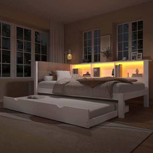 Cama de día, cama individual (sin colchón), sofá cama con cama nido, con tira LED regulable, con práctica estantería, con puerto USB, 90 x 200 cm, madera de pino, color blanco