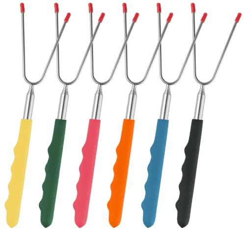 6 stycken teleskop grillspett, utdragbara campingpinnar för marshmallow-stekning, rostfritt stål, rostpinnar, med isolerade handtag, grillstav, 31–81 cm, för camping, grill, trädgårdsfest, grillfest