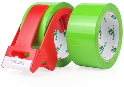 BOMEI PACK 2 Rolls Boxes Packing Tape Light Green 48mm x 66m Sticky Heavy Duty Moving Sealing Tape with 1 Dispenser