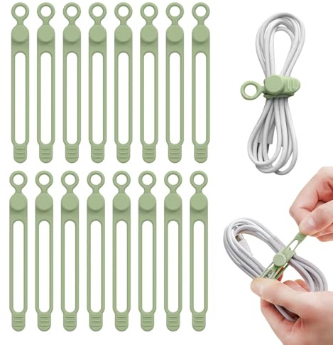 Redamancy Silicone Cable Ties, Reusable Cable Straps, Cord Organizers, Wire Ties, Adjustable Cable Management, 16pcs Green