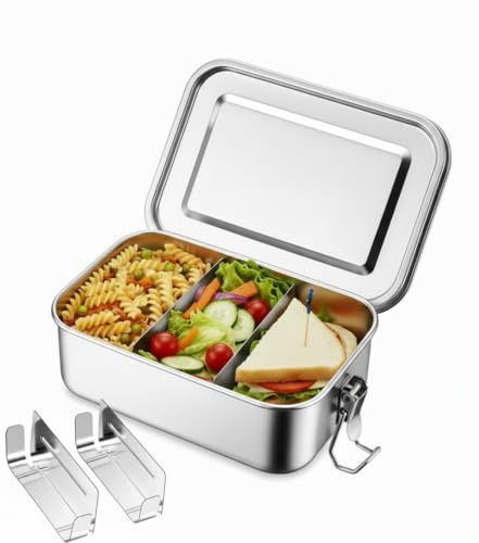 Boîtes à Bento en Acier Inoxydable 850ml Boite Alimentaire Inox Durable et éCologique Boîte à Déjeuner en Acier Inoxydable avec 2 Cloisons e Fibbie a Scatto e Anello in Silicone pour Bureau Voyage Cam