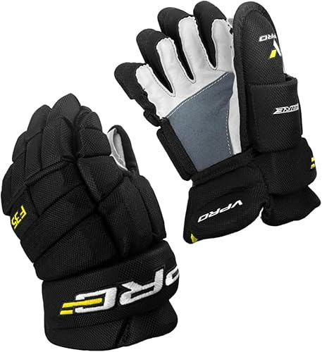 VPRO Guanti da hockey su ghiaccio, neri con dettagli bianchi, guscio in nylon con schiuma ammortizzante e fodera assorbente (F35/14)