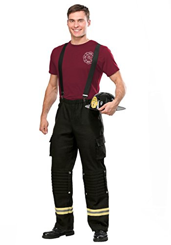 Firefighter Uniform Fancy Dress Costume Adult Mens, Fire Captain Black Suspenders Hot Halloween Party Outfit X-Large