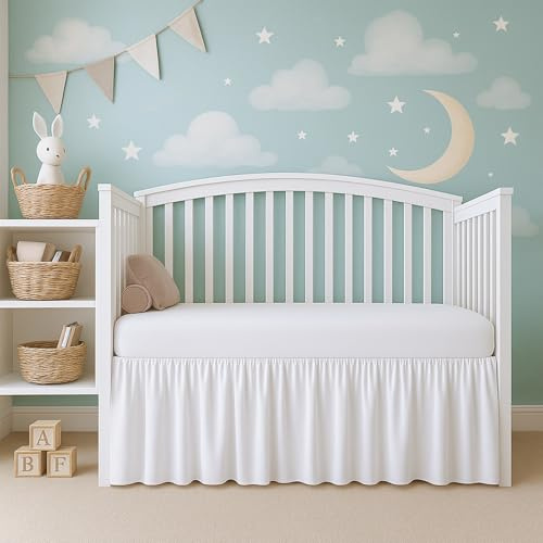 Cottington Lane White Infrant Crib Bed Skirt Dust Ruffle with Split Corner, 100% Natural Cotton Nursery Crib Toddler Bedding Skirt for Baby Girls or Boy, Fits Standard Cribs 28 x 52 with 14 Drop