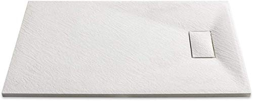 Piatto Doccia Arredo Arredamento Bagno Spessore 2.6 Cm In Resina Effetto Pietra Stone Ardesia Antiscivolo Filopavimento Riducibile Indistruttibile Con Griglia Di Copertura Bianco (100 x 100 Cm)
