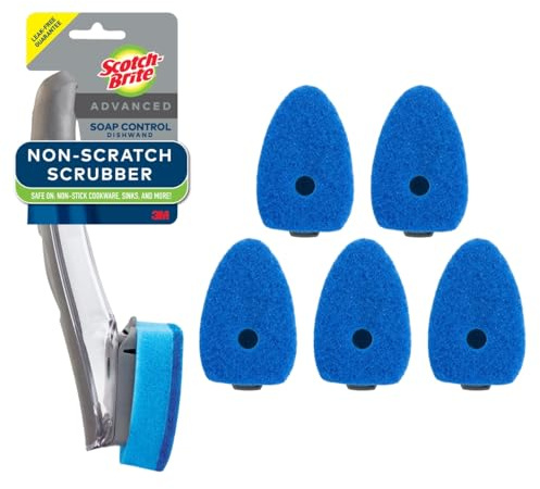 Scotch-Brite Advanced Soap Control Non-Scratch Dishwand Kit, 1 Dish Wand & 5 Sponge Refills, Prevents Soap from Leaking, Leak-Free Guarantee, Best for Nonstick Pots and Pans, Glass, Tubs, & Showers