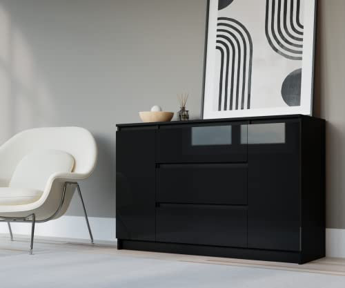 3E 3xE living.com Commode en Couleur Noir/Noir Brillant, D : L : 120 cm, P 39 cm, H : 78 cm, avec Deux Portes et Trois tiroirs